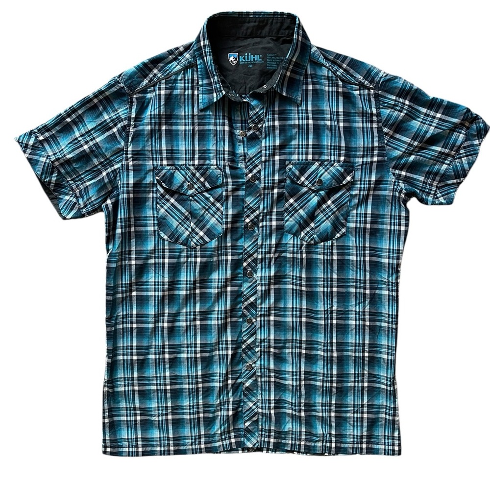 Kuhl Eluxur Blue Plaid Short Sleeve Button Up Shirt Men’s Medium Hiking Trails✅